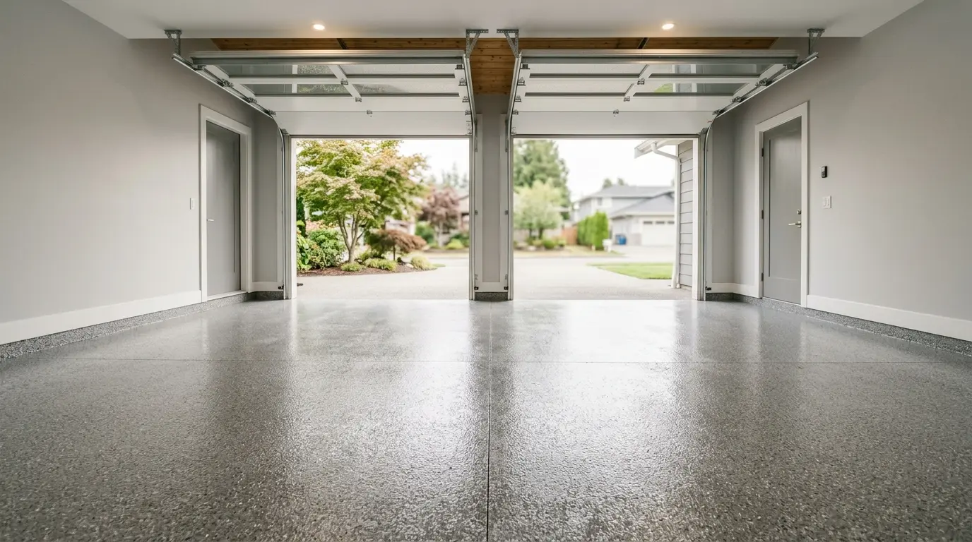 Two car garage finished with epoxy flake flooring