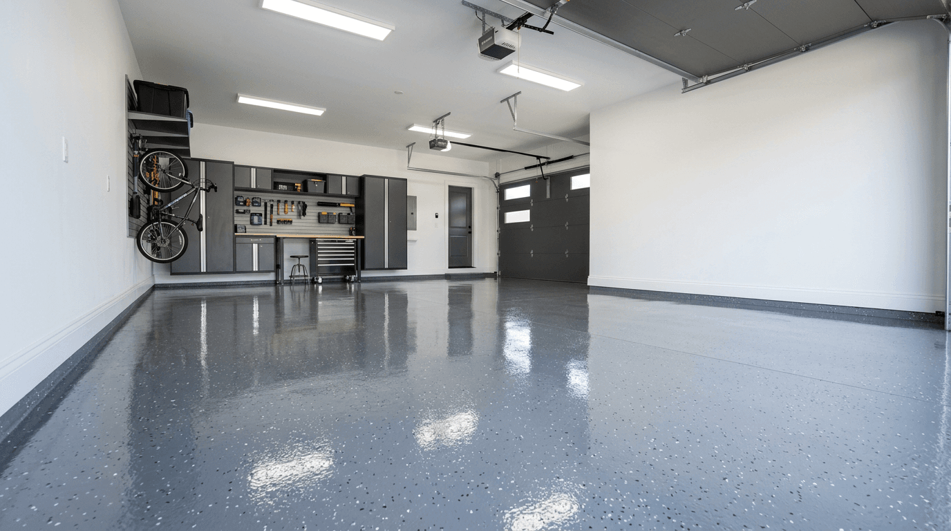 High-end epoxy floor installed in a residential garage in DFW